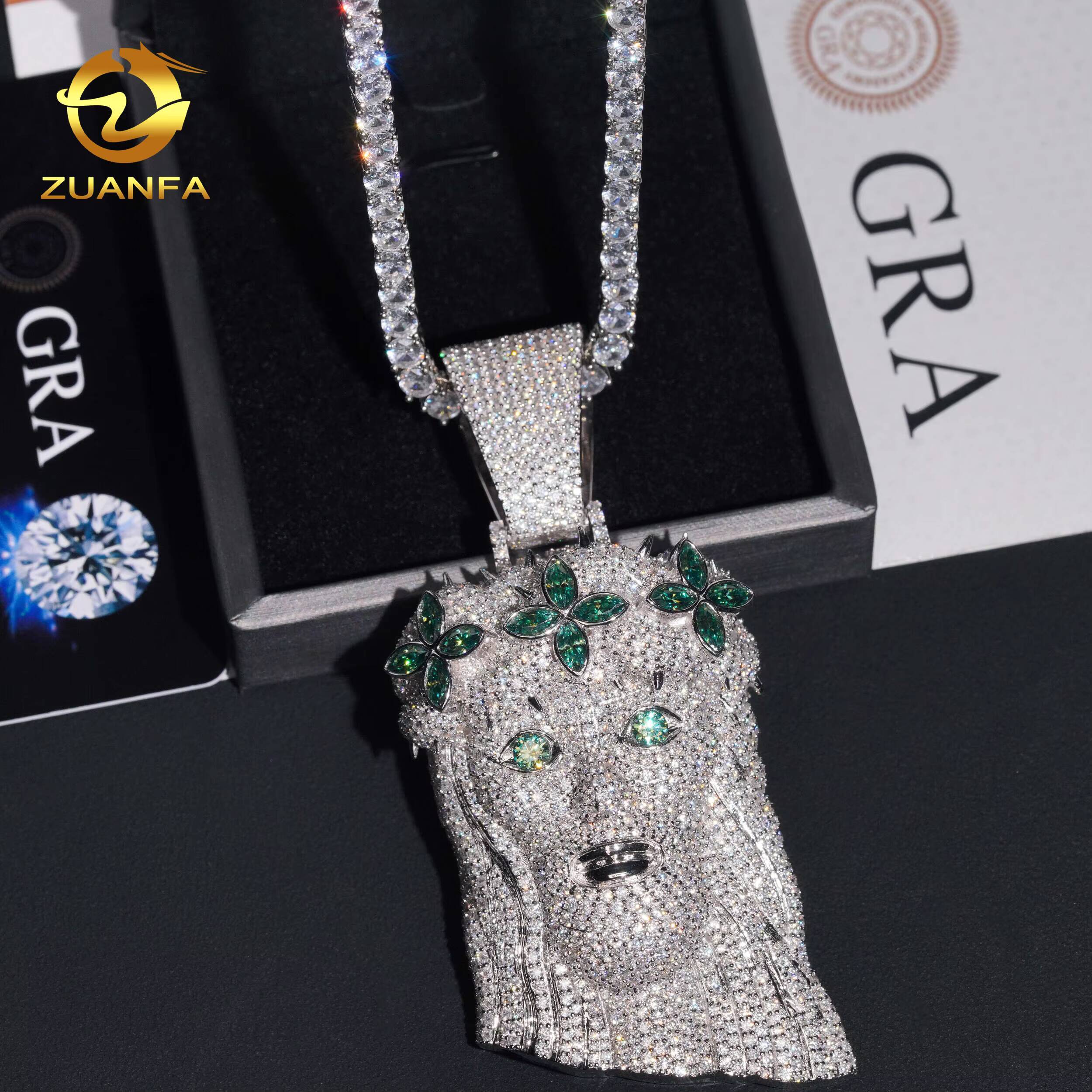 Fine Hip Hop Jewelry Iced Out Solid Back Blue Green Marquise VVS Moissanite Diamond Pendant 925 Silver Jewelry Jesus Pendant