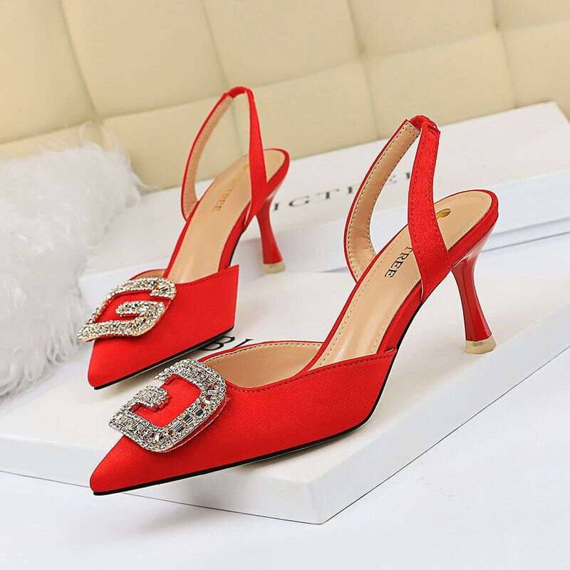 896-2 Style Banquet Women' Shoe High Heel Shallow Mouth Pointed Suede Hollow Back Strap Metal Rhinetone Buckle