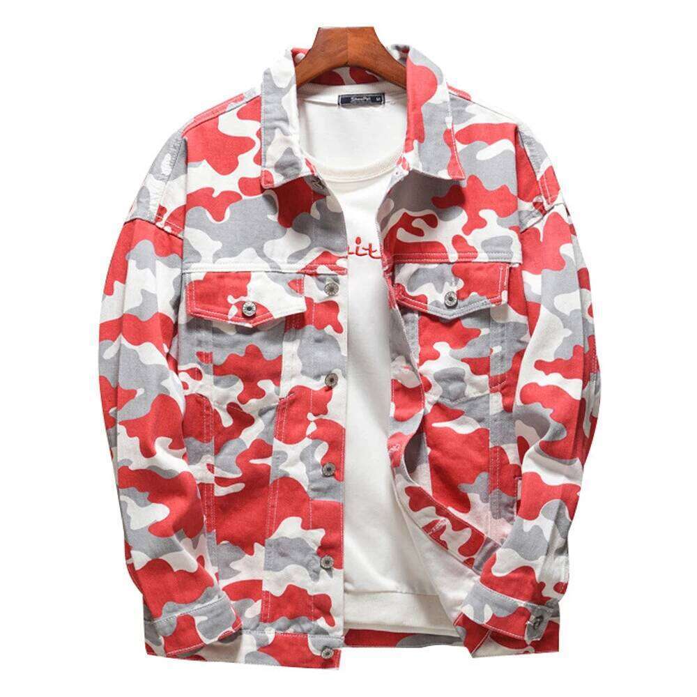 Men's Camouflage Printed Denim Jacket Casual Coat Army Green Red