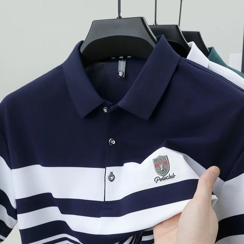 High quality fashion striped short sleeve polo shirt mens y embossed n summer breathable Tshirt golf top 250905