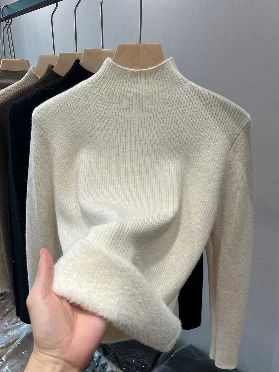 Turtleneck Winter Sweater Women EleGant Thicken Velvet Lined Warm Sueter Knitted Pullover Slim Tops Knitwear Jumper New Z250905