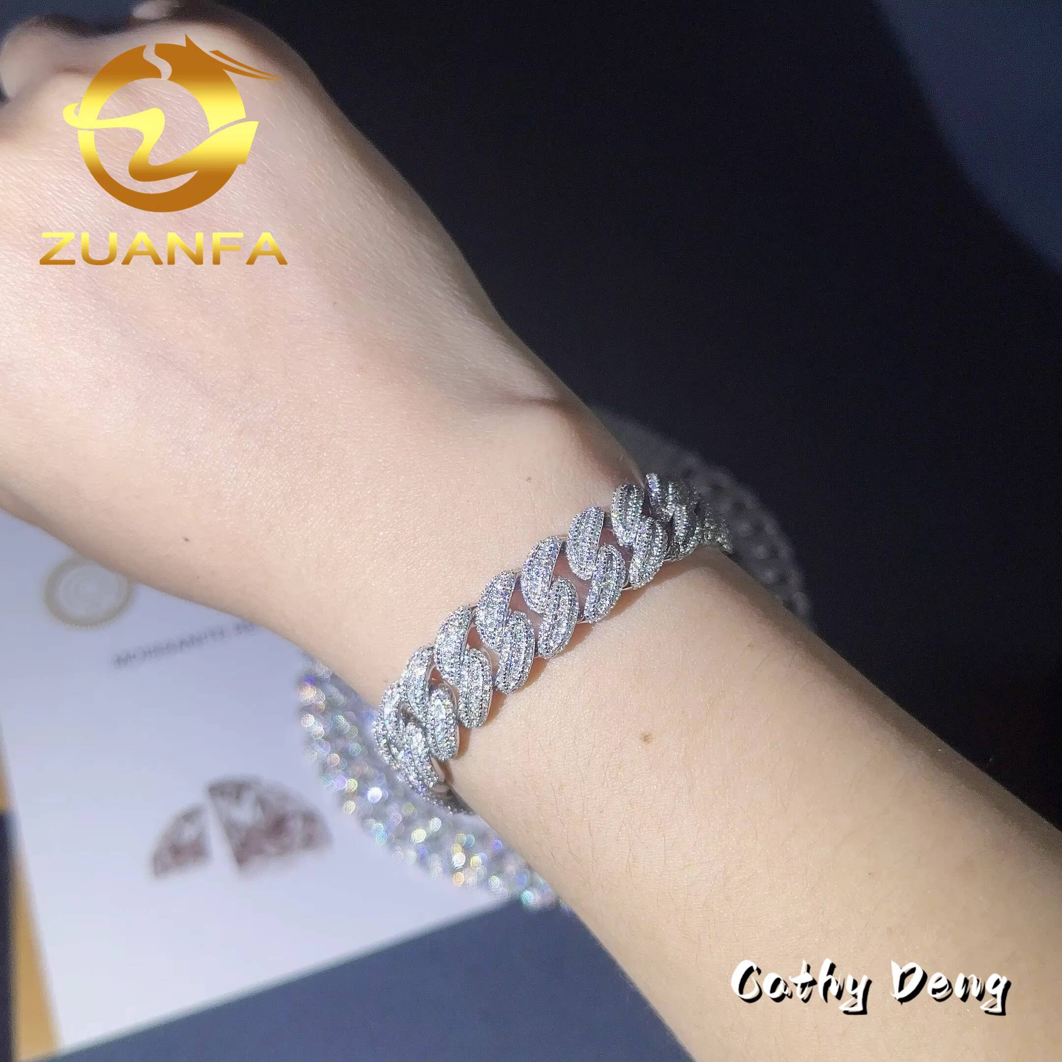 Hot Sale Hip Hop Jewelry 13mm Bling Moissanite Cuban Chain for Men 925 Silver Iced Out Cuban Link Bracelet Pass Diamond Test