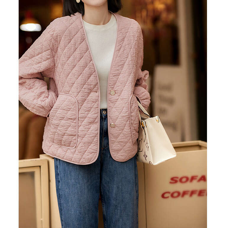 Design Sense Rhombus Lightweight Jacket Autumn Winter Cotton Short Coat Black Women's Clothing B5