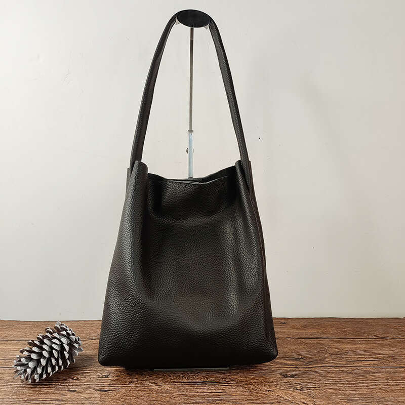 Women's Genuine Leather Underarm Large Capacity Single Shoulder Tote Bag, Top Layer Cowhide Commuter High-End Bucket Bag