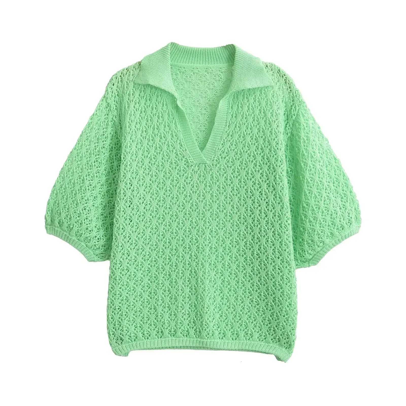 TRAFSHE Women Fashion Jacquard Solid Knitted Hollow Out Pullover Sweater Vintage Lapel Neck Short Sleeve Female Chic Lady Tops Z250905