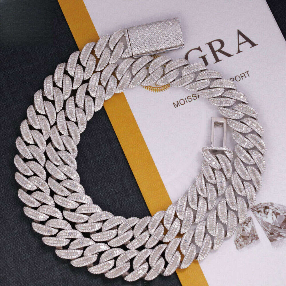 Hip Hop Iced Out Dia Necklace Gold Plated Baguette VVS Moissanite Cuban Link Chain for Men