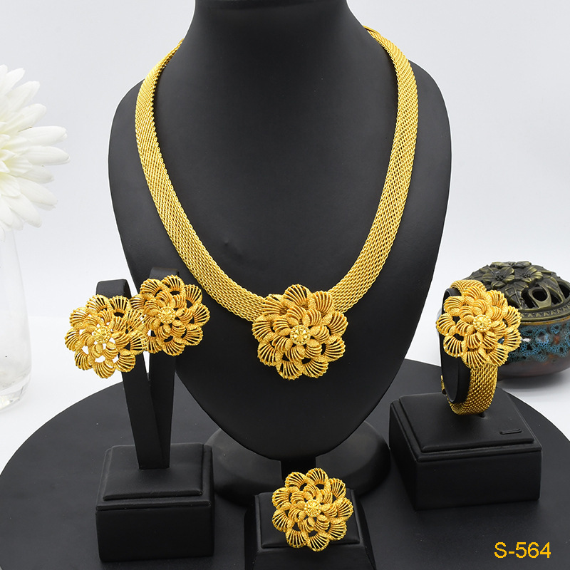 Dubai 24 K gold jewelry bride jewelry set Saudi womens necklace bracelet earring ring set of four 230809
