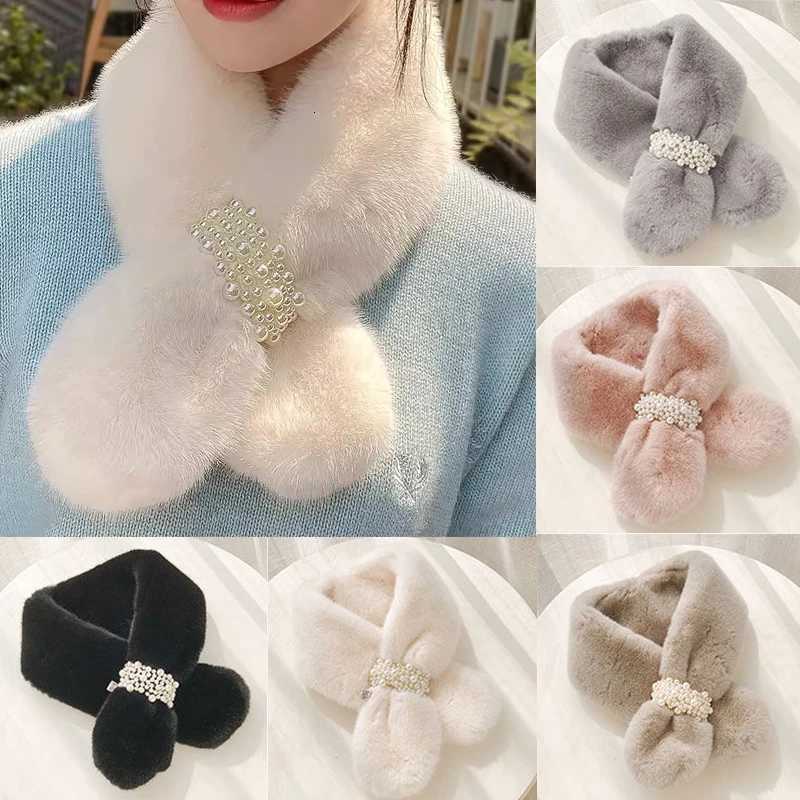 Korean Winter Pearl Faux Rabbit Fur Scarf for Women Girls Scarf Soft Plush Scarves Solid Neck Collar Warmer Stuff Christma GiftsXJ250905