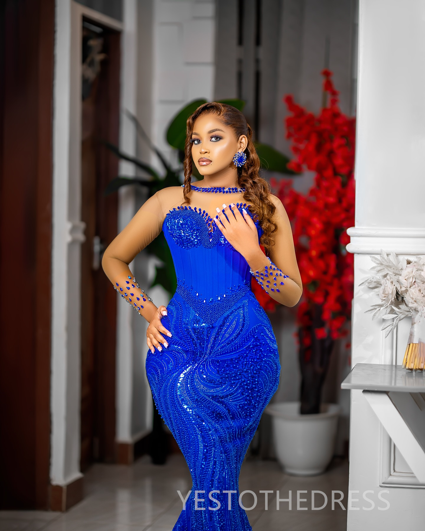 Aso Ebi Royal Blue Prom Dress 2025 Evening Dresses Elegant Dresses For Special Occasions Illusion Bead Lace Sheer Neck Birthday Dress Second Reception