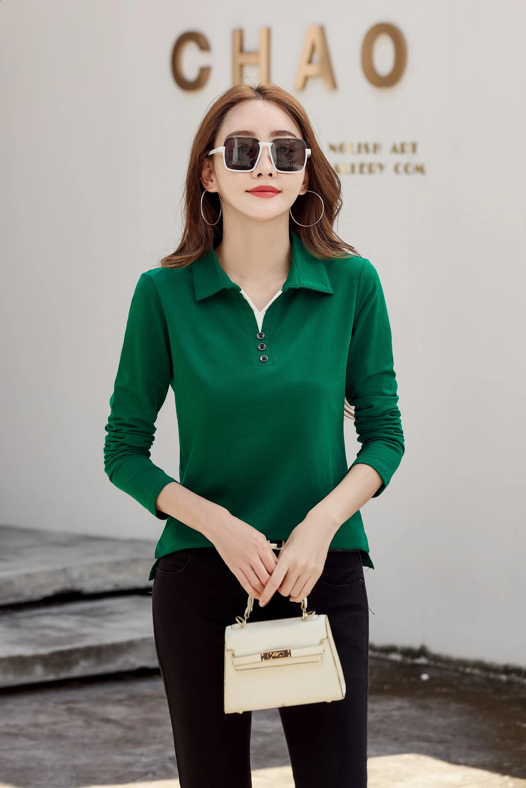Korean Fashion Autumn Womens Polo Shirt Cotton Long Sleeve TShirt With Button Solid Candy Color Knit High Quality Women 250905