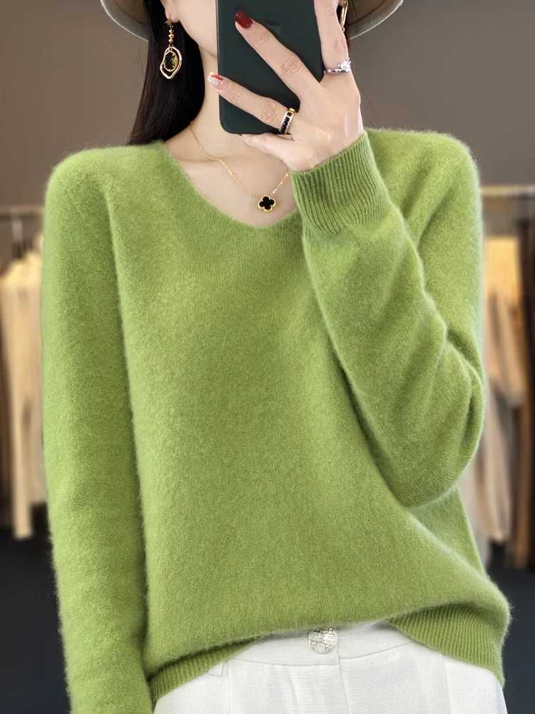 Fashion100 Merino Wool Sweater Cashmere Pullover Women Knitwear VNeck Long Sleeve Autumn Winter Fashion Basic Clothing Tops Z250905