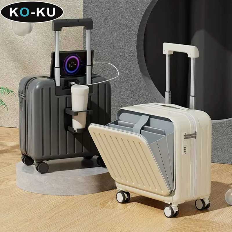 KOKU Carryon Suitcase Front Opening 18 Inch Boarding Box Cup Holder USB Interface Trolley Case Password Luggage 20 inch Z250905