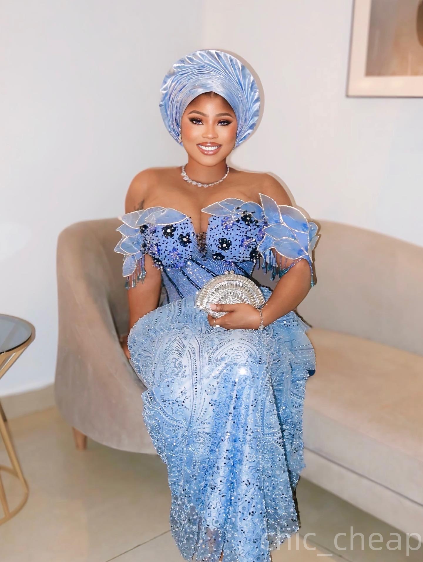 Aso Ebi Light Sky Blue Sheath Prom Dresses 2025 Florals Beaded Crystals Sequined African Evening Formal Party Second Birthday Engagement Dress Gowns r