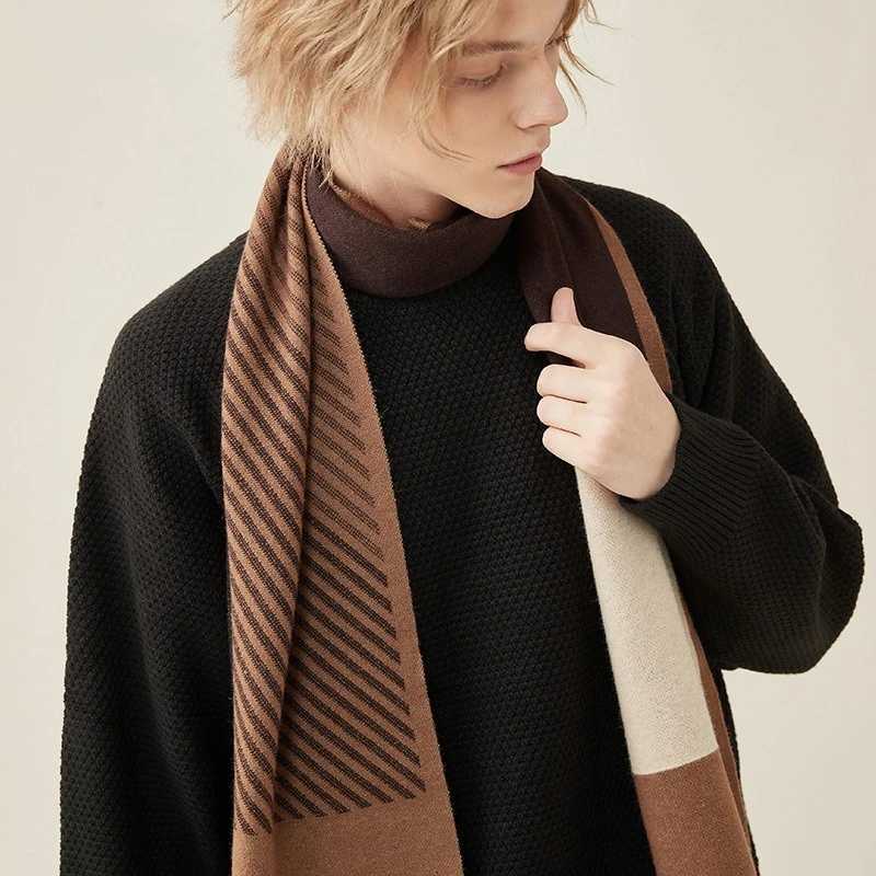 High Quality Wool Blend Scarf Men Winter Luxury Thick Warm Busin Versatile Stripe Cashmere Muffler Luxury Chrimas Gift MaleXJ250905