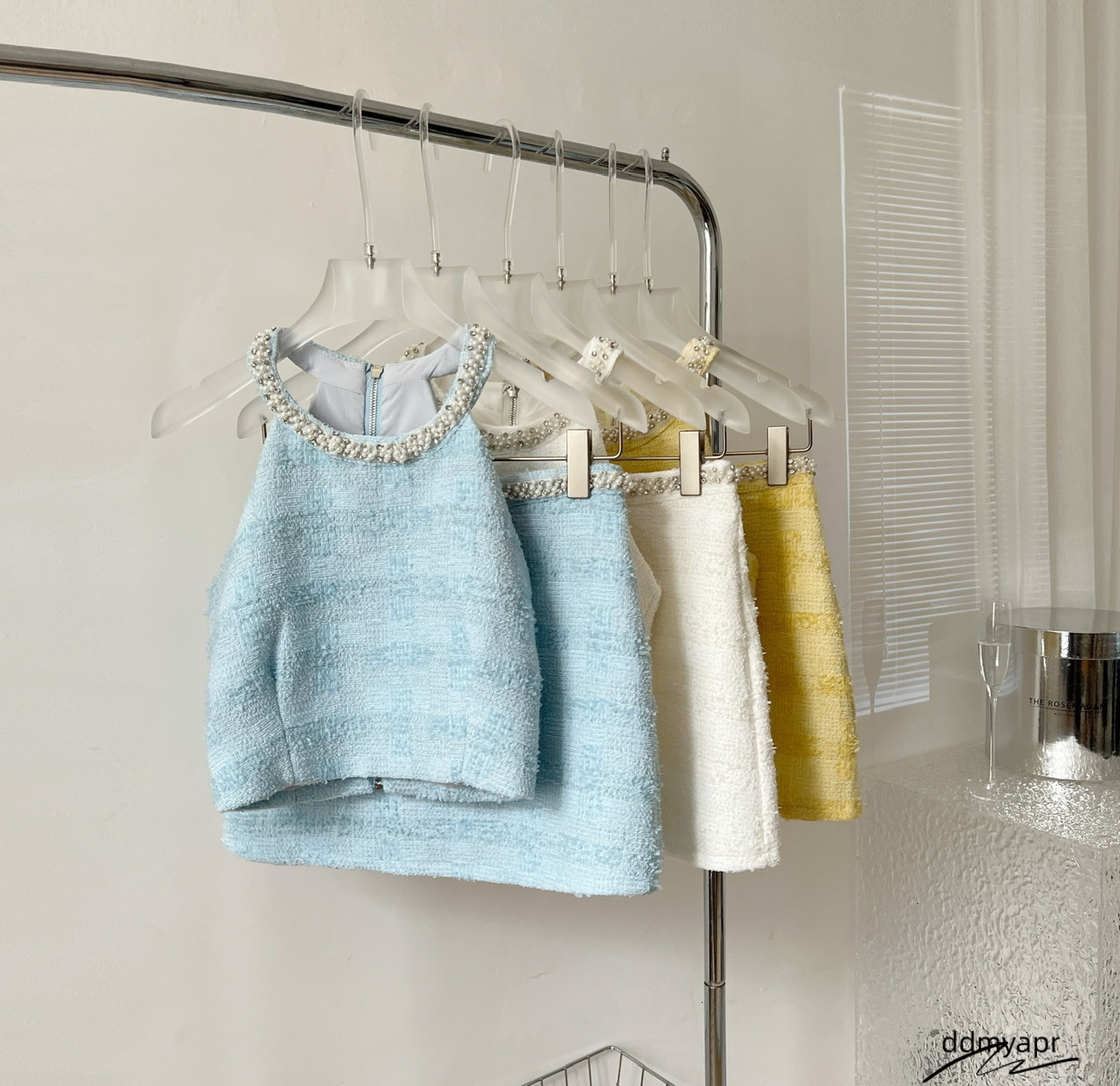 Two Piece Dress Korea Small Fragrance ddmyday Summer Tweed 2 Outfits Suit Sexy Short Cropped Tops A Line High Waist Mini Skirt Mujer Set 230707