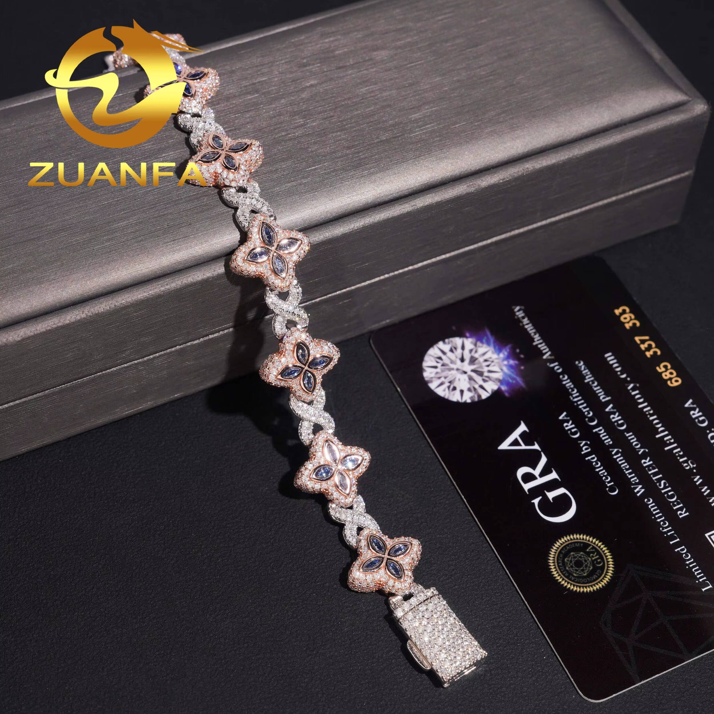 Hot Sale Pass Diamond Tester Hip Hop 15mm Two Tone Clover Flower 925 Silver Moissanite Bracelet
