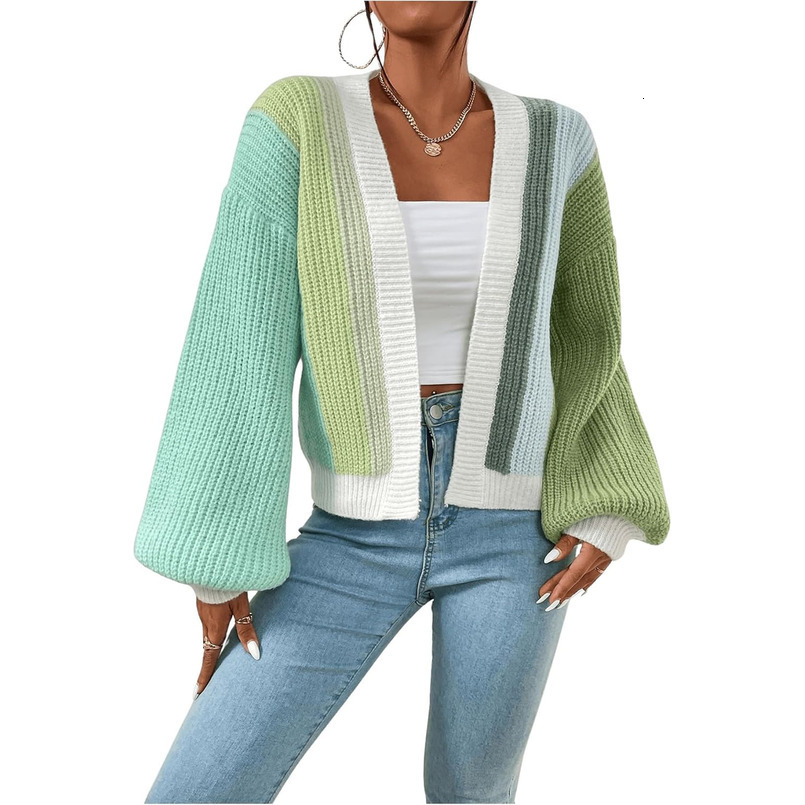 Women's Color Block Open Front Long Sleeve Ribbed Knit Cropped Cardigan Sweaters
