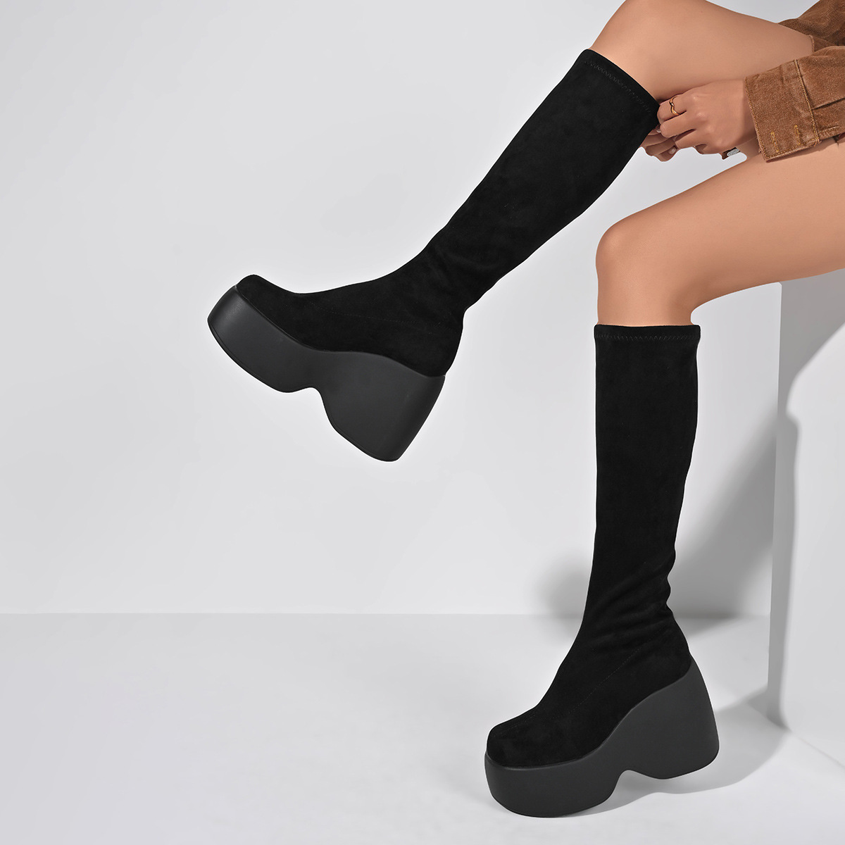 Trendy Punk Style Thick Bottom Slope Heel Size 35-43 Women's Boots 2025 Autumn/Winter New Style Height Increasing Versatile Fashion Boots Leather