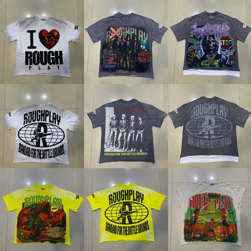 Rough Play Short Sleeve Mens Tshirts Fashion Streetwear Multiple Style Skull Print Tops Tees Real Po One Day Shipped Out 250904