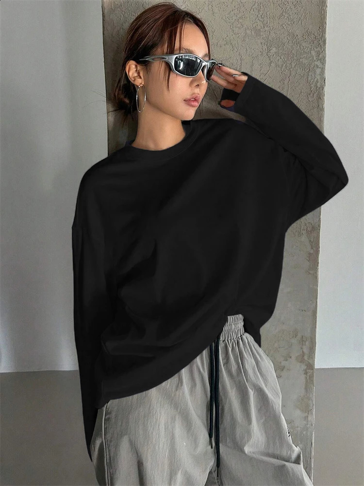 Women Basic Long Sleeve Loose Oneck Tshirt Autumn Winter Solid Color Tee Top Streetwear 250905