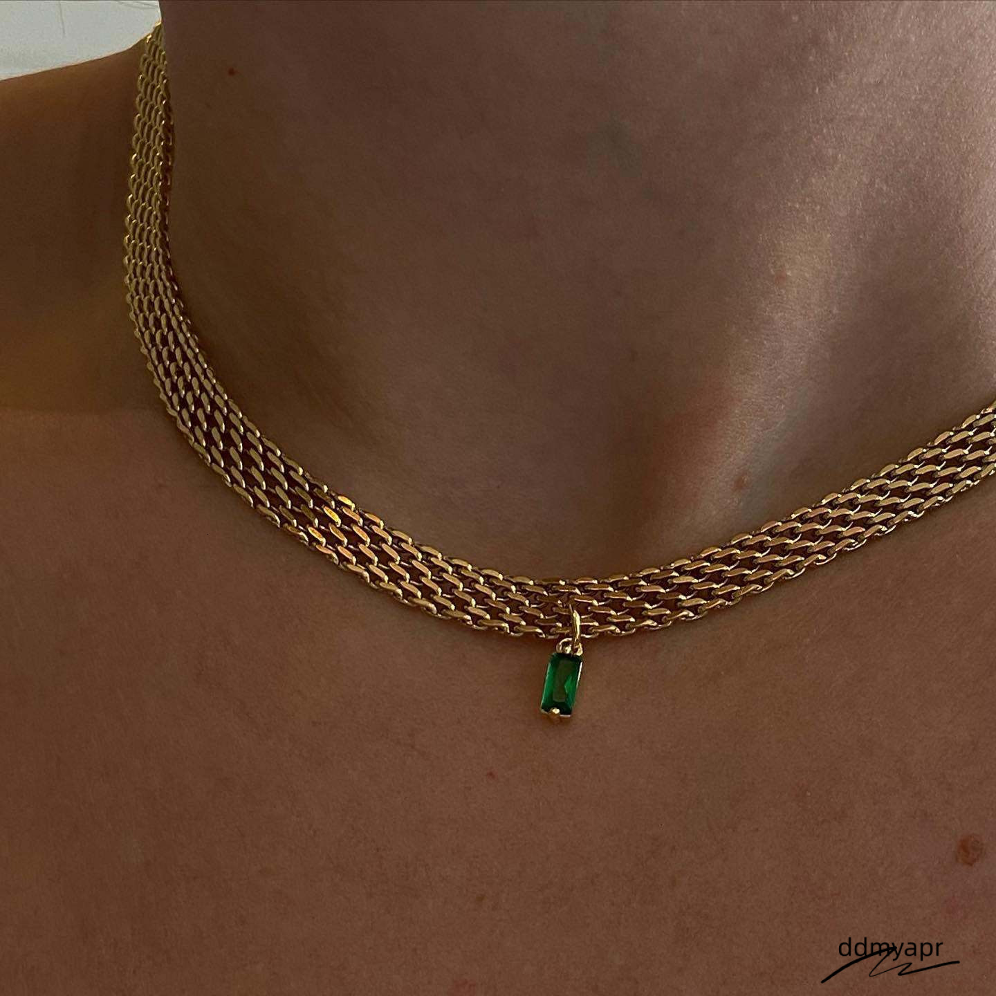 Ins Niche Gold-Plated Green ddmyday Zircon Braided Collarbone Choker Necklace 250710 ddmyday ddmyday