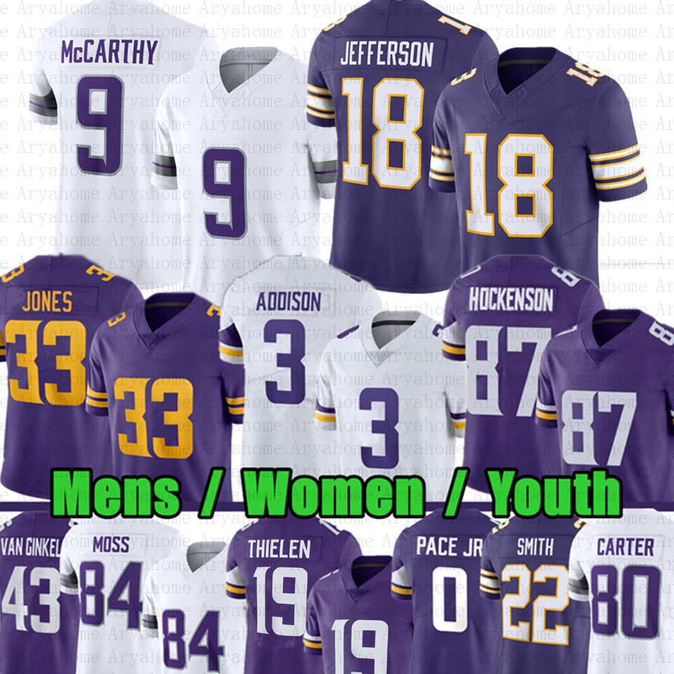 Kyler Murray J.J. McCarthy Justin Jefferson Football Jersey Mason Aaron Jones T.J. Hockenson Addison Andrew Van Ginkel Randy Moss Harrison Smith Thielen Jared Allen