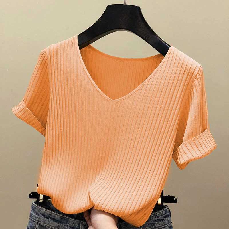 Knitted short sleeve Women VNeck T Shirts 2025 Blue Slim Black thin knit Orange Tops Ladies Summer Camiseta Summer T shirts Z250905
