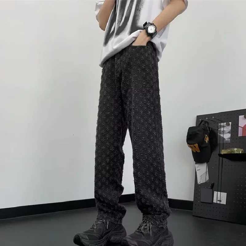 Jacquard All Over High Street Jeans Mens 2024 New Straight Lift Pattern Loose Wide Leg Jeans Casual Boyfriend Jeans Pants Tide W250905