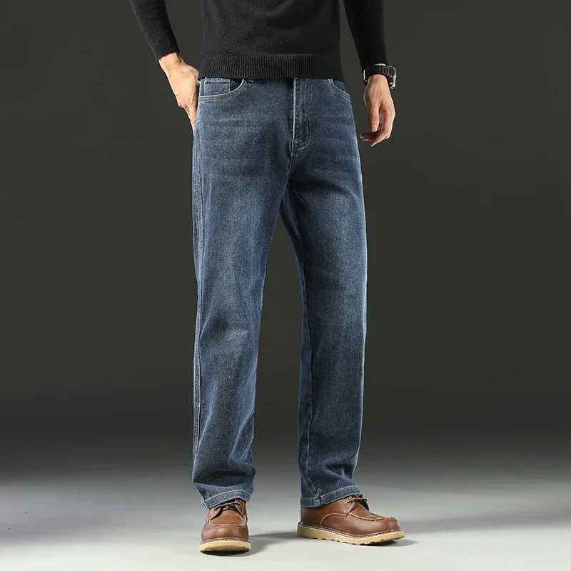 2025 Spring Splicing Mens Jeans Loose Straight Trousers High Waist Stretch Blended Cotton Washed Denim Pants Brand Clothes W250905