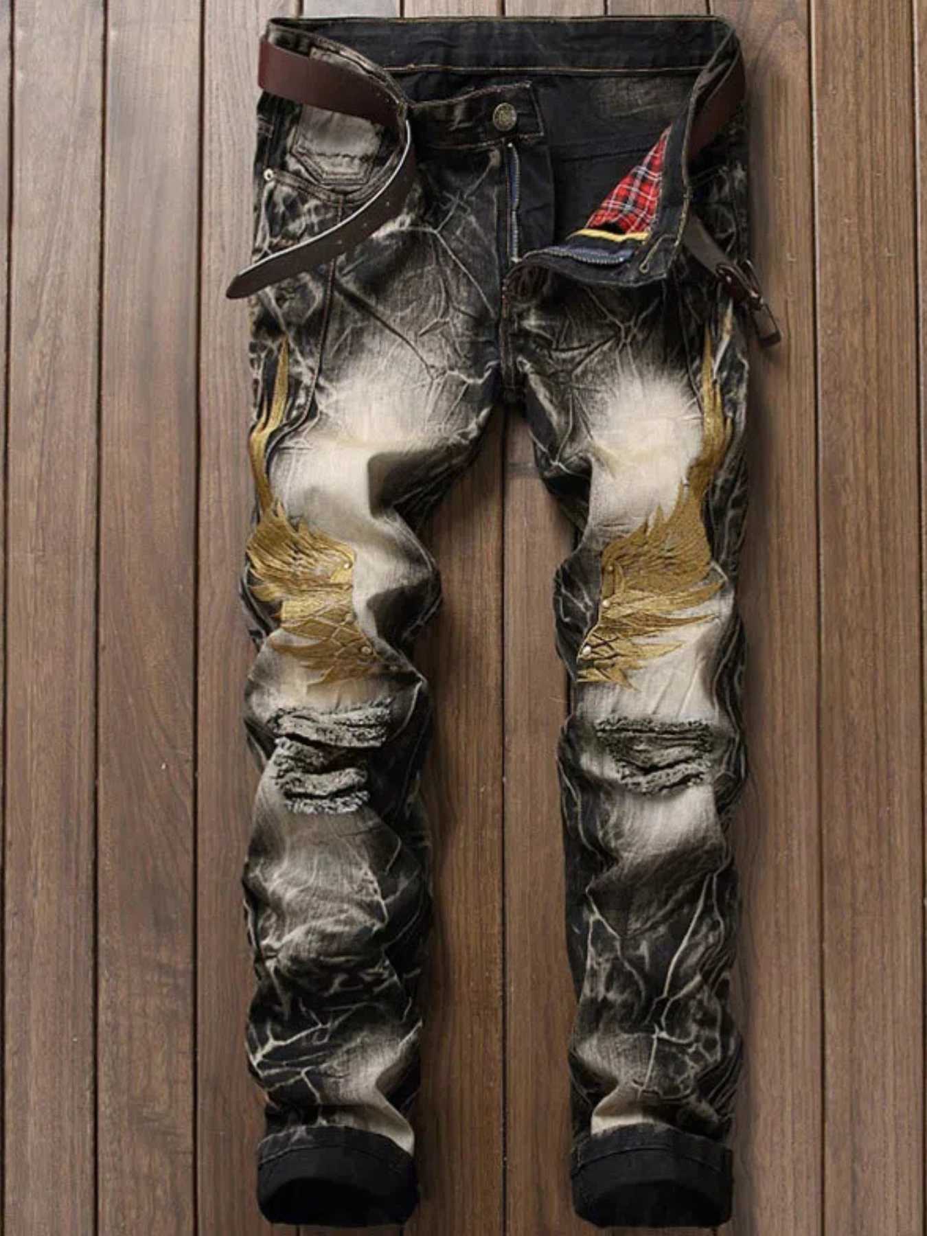 Jeans Men Street Personality Embroidered Wings Ripped Denim Pants Vintage Biker Pants W250905