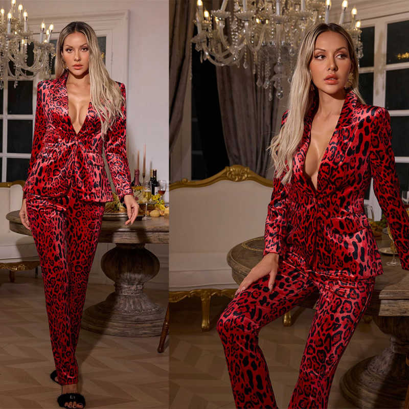 Customized 2 Pieces Women Pants Suits Slim Fit Red Leopard Ladies Prom Birthday Party Formal Wear Outfits