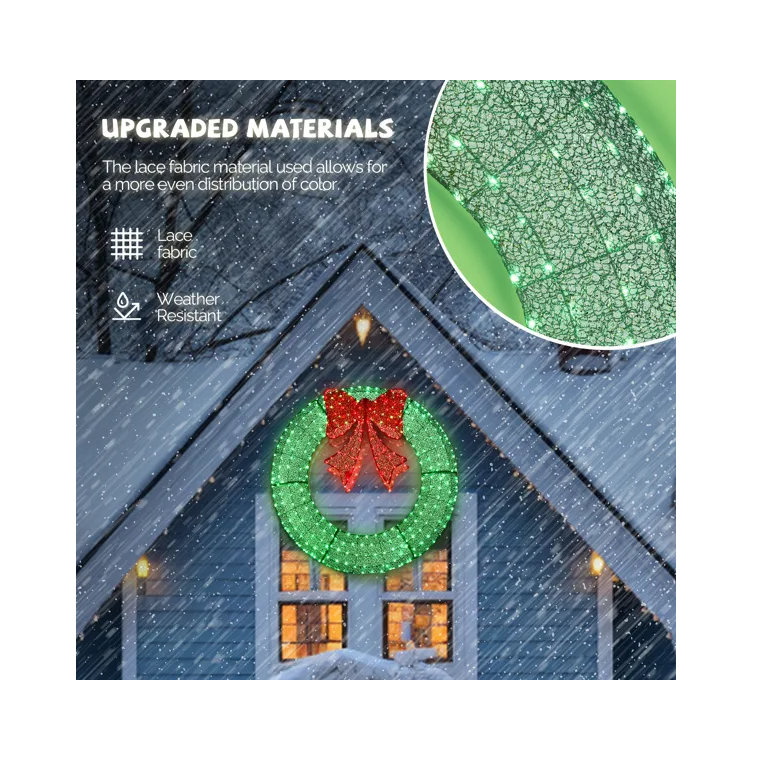 48in Pre-Lit Outdoor Christmas Wreath Decoration LED Metal Holiday Decor for Home Exterior Garden w/ 315 Lights Bow Green/Red