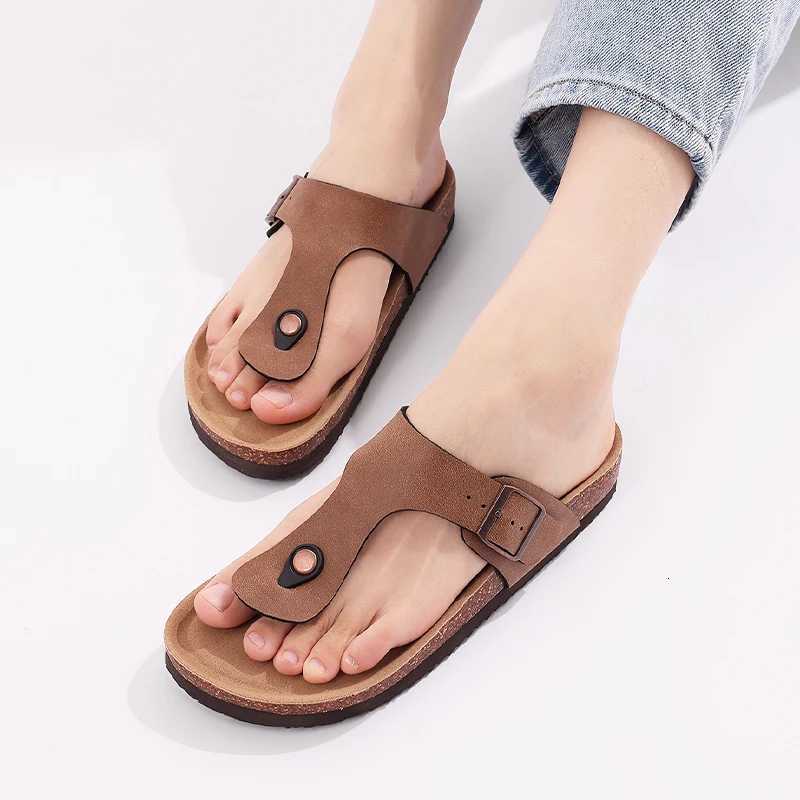 Evshine Open Toe Beach Slippers With Adjustable Buckle Women Flats Leather Cork Footbed Flip Flops New Cork Sandals For Women W250905