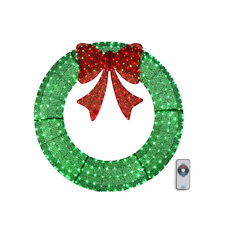 48in Pre-Lit Outdoor Christmas Wreath Decoration LED Metal Holiday Decor for Home Exterior Garden w/ 315 Lights Bow Green/Red