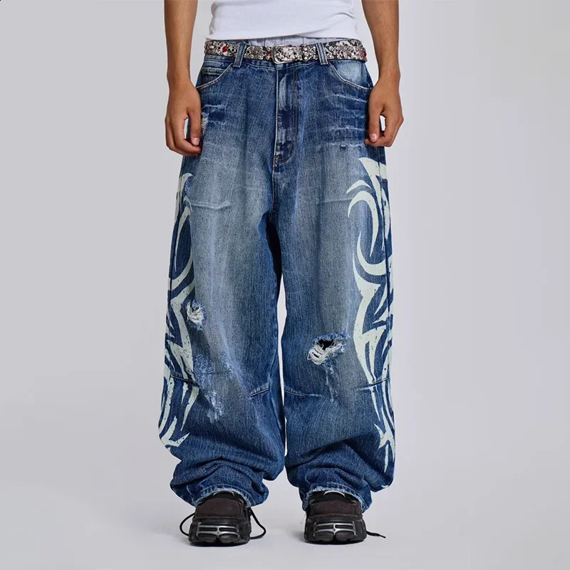 Y2K Baggy jeans Retro Harajuku distressed wash ripped wide leg cropped pants high street rock hip hop printed pattern zip 250823