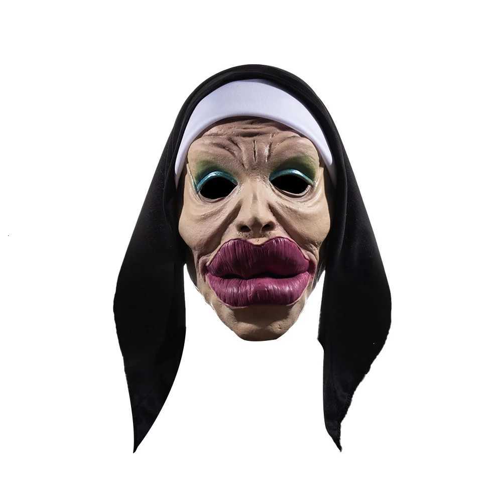 Funny Sexy Big Lips Nun Mask Cosplay Full Head Masks with Headscarf Halloween Carnival Party Costume PropsXJ250905