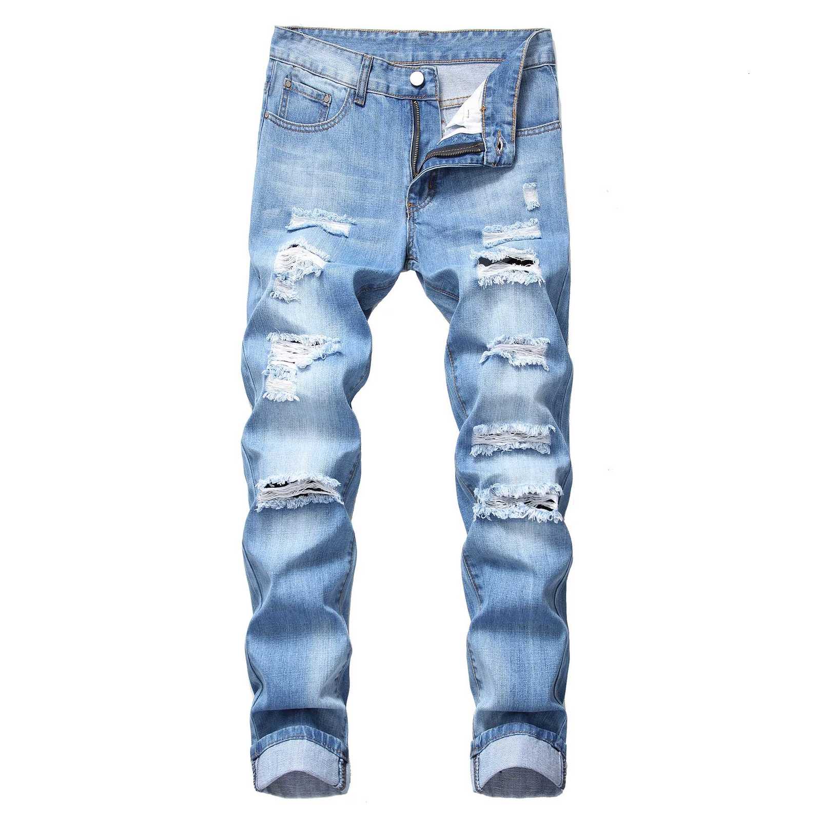 Mens Light Blue Jeans Mens Fashionable Distressed Jeans Party Suitable Jeans 305L W250905