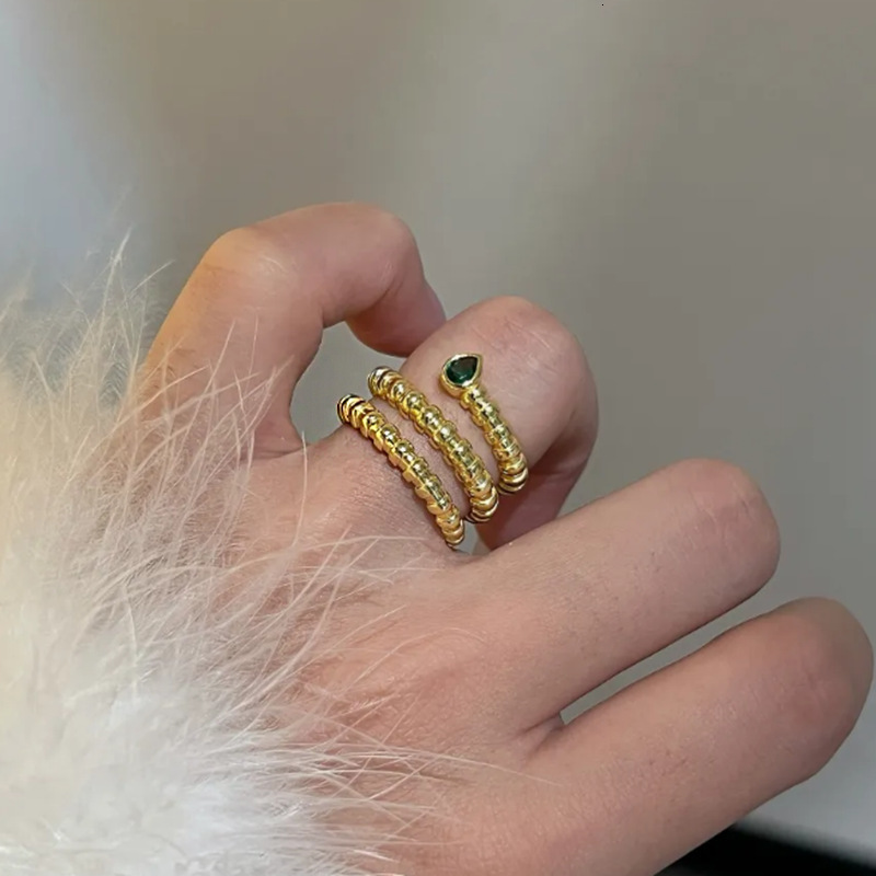 Zhuozhifan Jewelry New S Pure Silver Gold Plated 3*4mm Simulated Emerald Snake Shape Zircon Women Brushed Ring