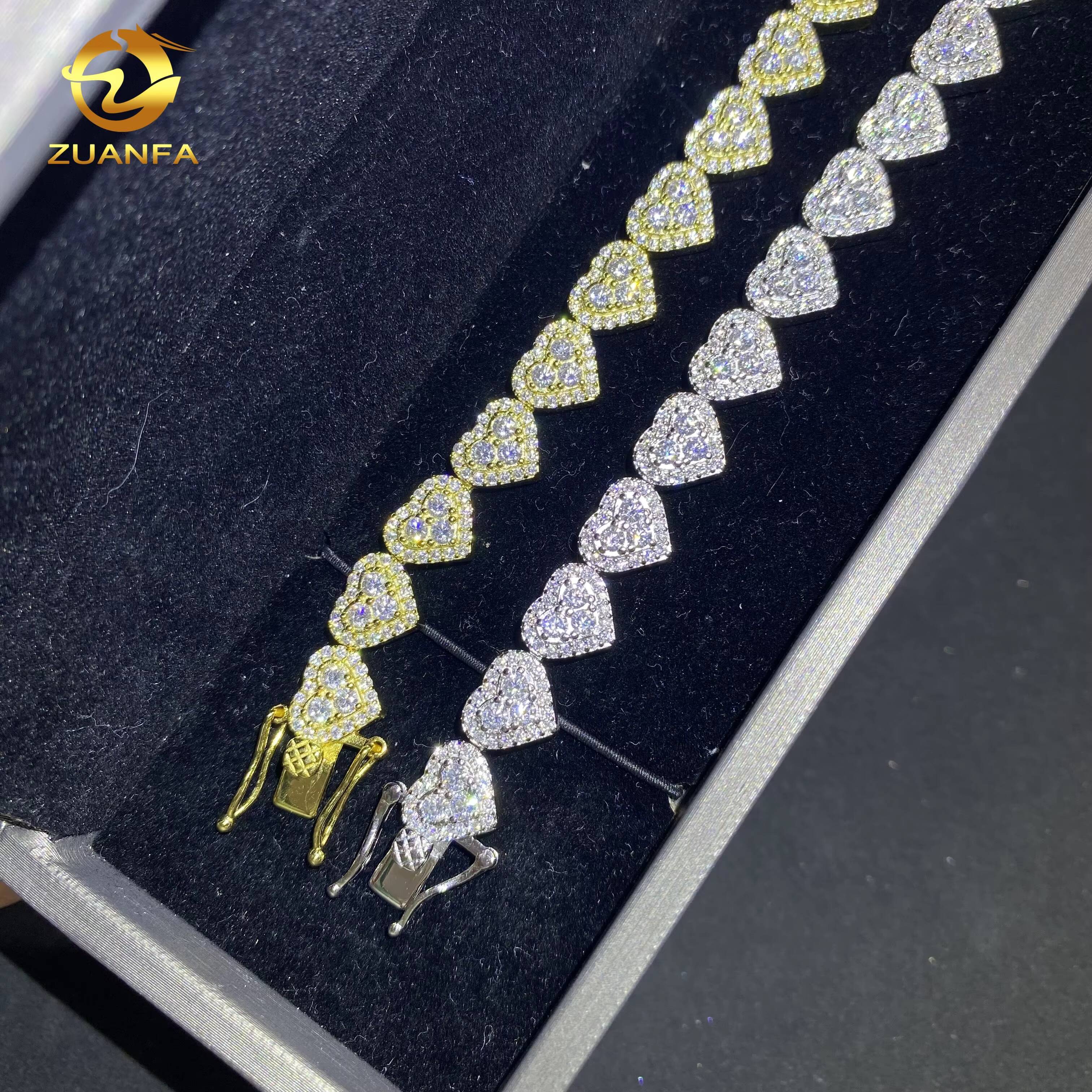 8mm Heart Shape Hip Hop Jewelry Iced Out Diamond Cuban Link Chain 925 Sliver VVS Moissanite Miami Cuban Chain Bracelet