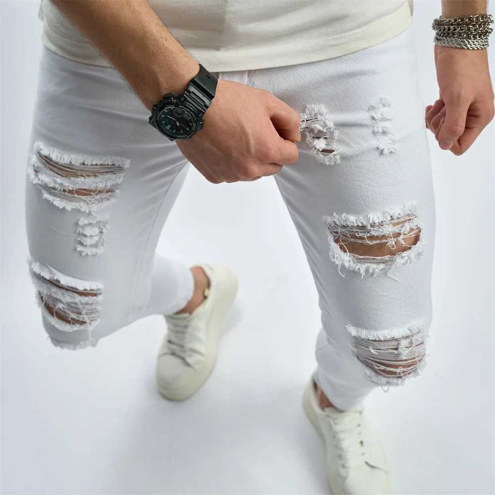 Mens Street Distressed White Skinny Jeans Men Good Quality Stylish HipHop Holes Slim Stretch Pencil Denim Pants W250905