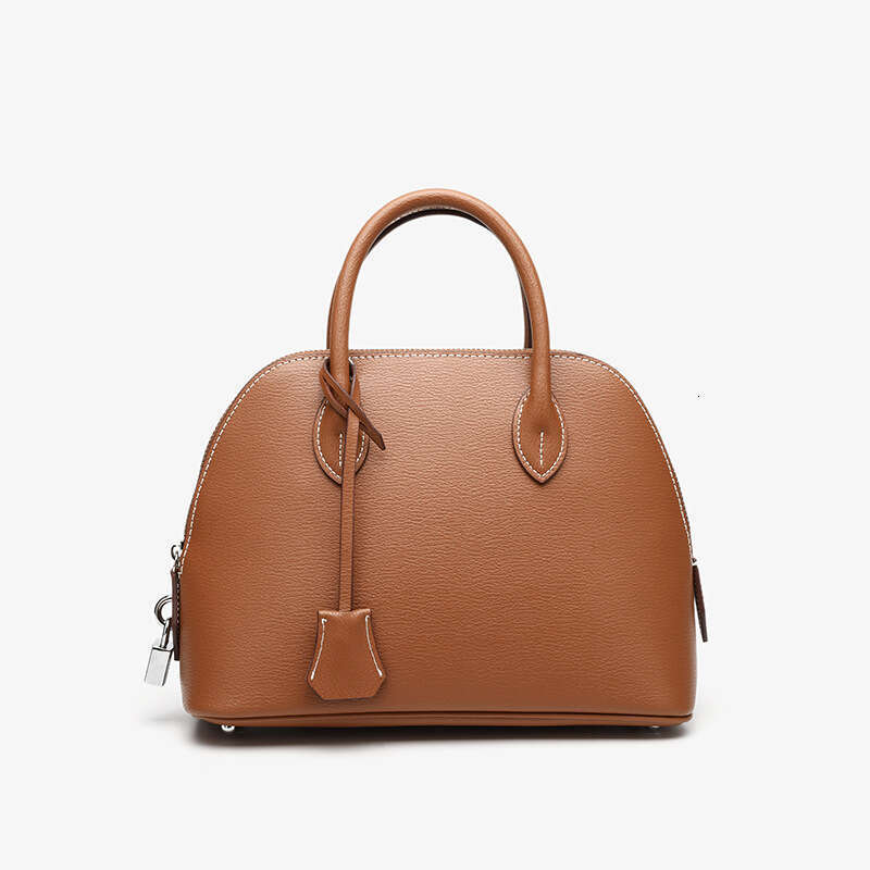 Top Layer Cowhide Bag for Women, Handheld Shell Genuine Leather Women's Shoulder Bowling Crossbody Bag, Fashionable and Versatile