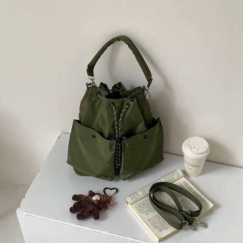 Nylon Commuter Tote for Women, Korean Japanese Style, 2025 Autumn and Winter New Drawstring Simple Versatile Shoulder Crossbody Bag