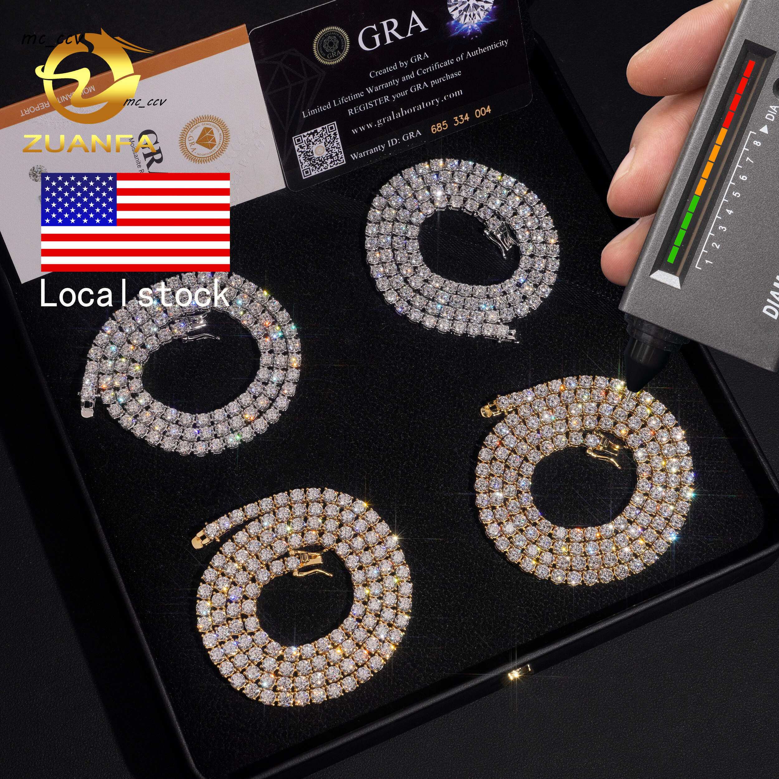 USA Local Stock 72H Shipping Hip Hop Classical Factory Price Gold Plated 925 Sterling Silver 4mm Moissanite Diamond Tennis Chain