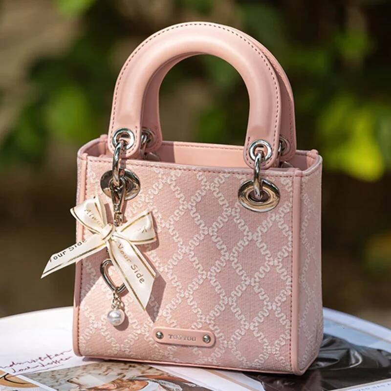 TOUTOU Argyle Jacquard Handbag Fashion Bow Decor Satchel Purse Women's Small Tote Brand Bag