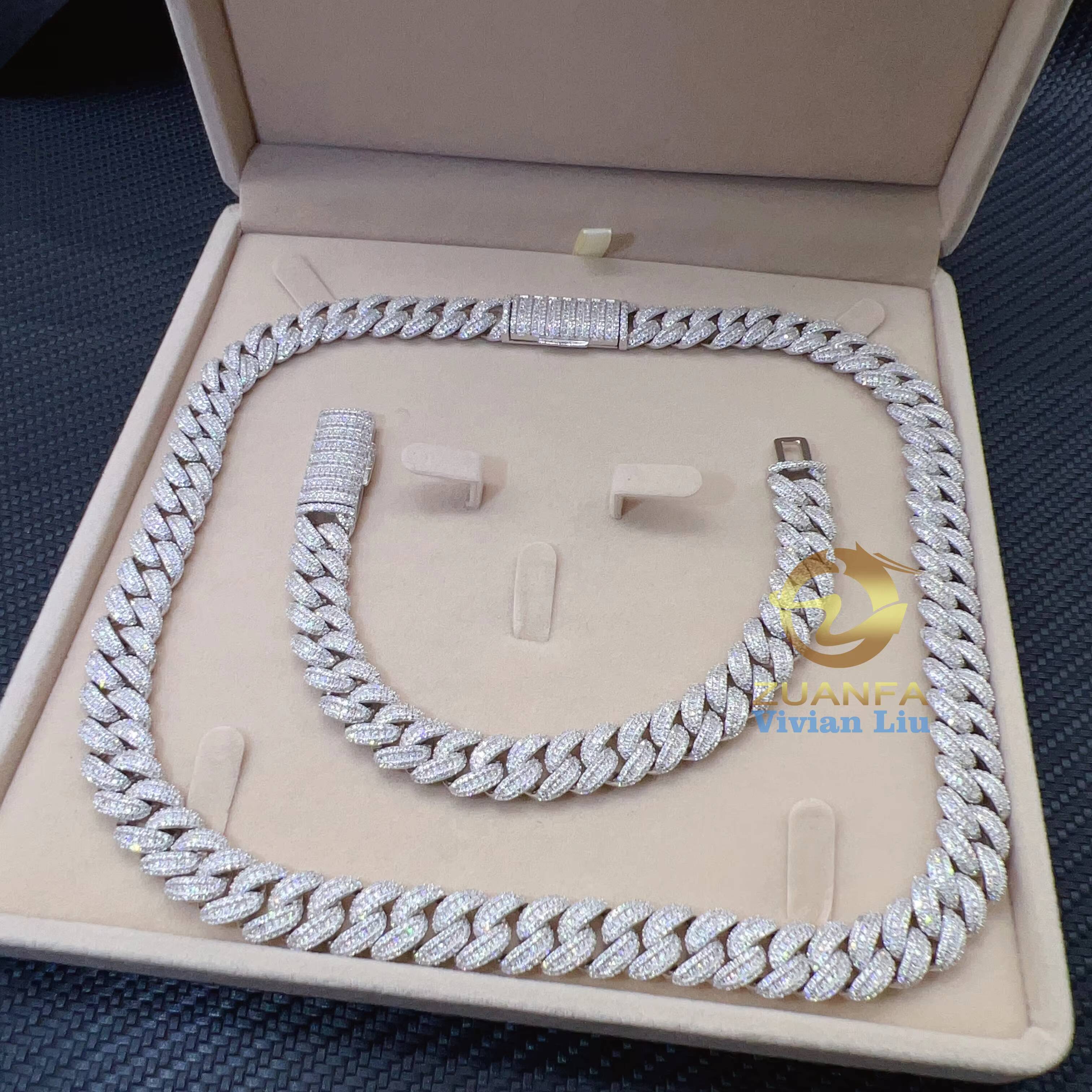 13MM Width Fine Jewelry Men Necklace Sterling Silver 925 Iced Out Moissanite Hip Hop Iced Out Cuban Link Chain