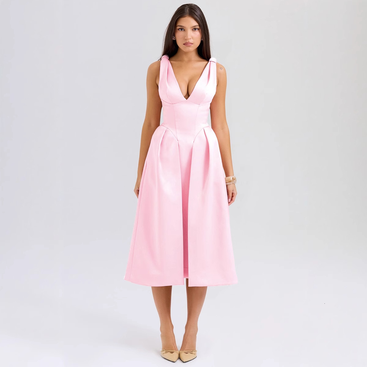 2025 Summer New Slim Fit Strap Long Dress Fashion Solid Color Vneck Elegant Dress