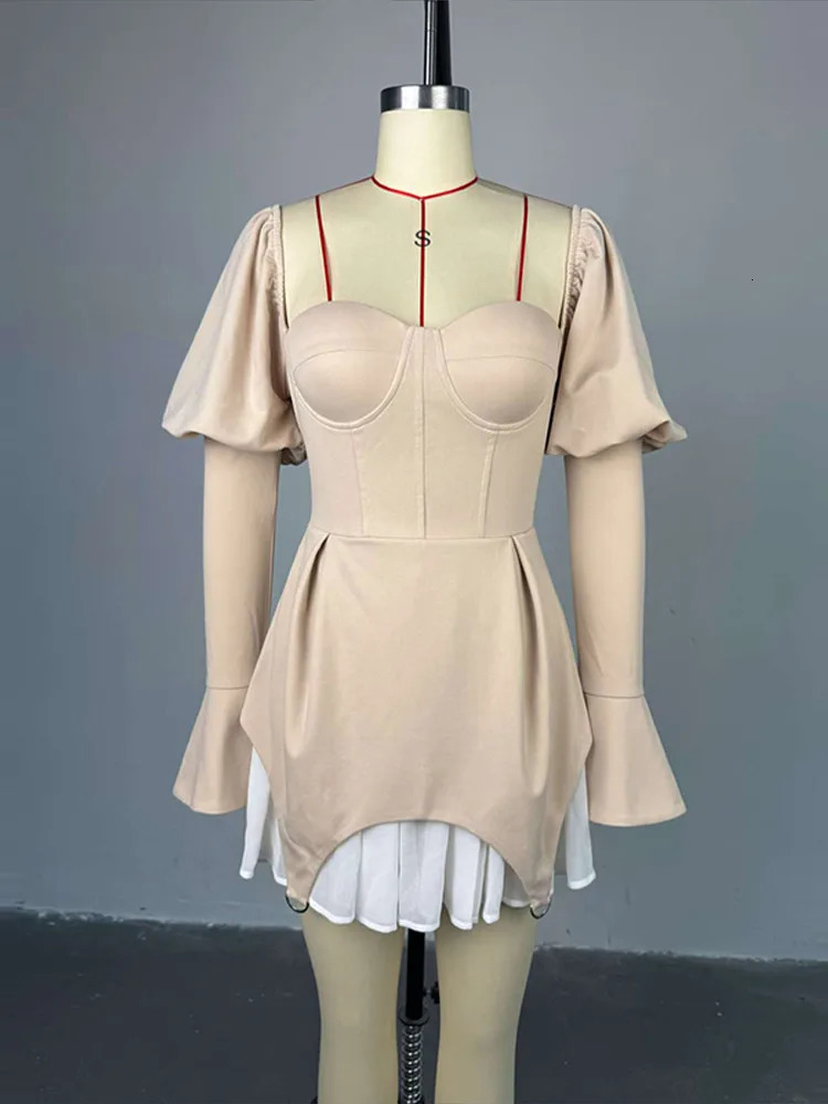 Bubble Sleeve Slim Patchwork Short Dress Woman Chic Solid Color Irregular Pleated Dresses Elegant Womens Fashion Mini Dresses 250905