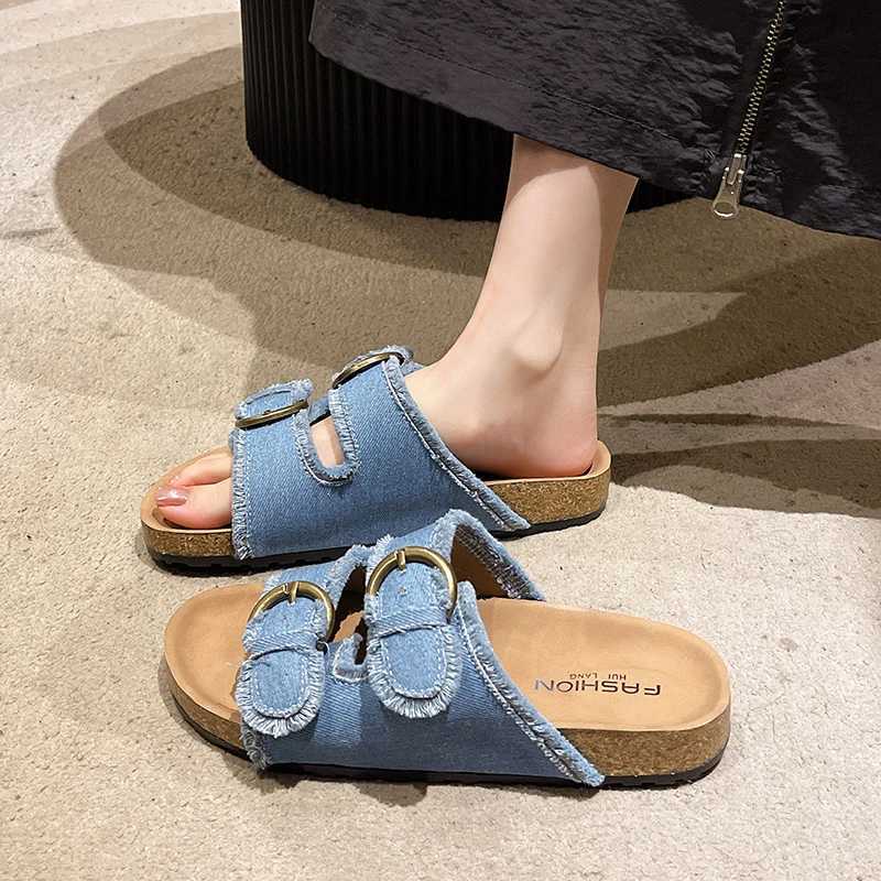 2025 New Summer Beach Cork Slippers Casual Double Buckle Nonslip Clogs Slides Women Slip on Flip Flop Shoe Denim Slipper Female W250905
