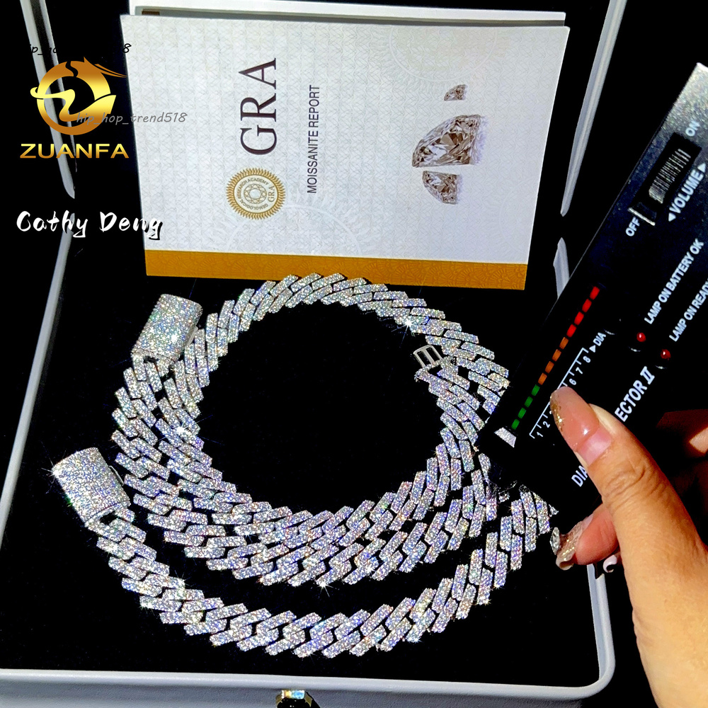 Wholesale 2 Row 15mm Round Cut Moissanite Cuban Chain Bling 925 Sterling Silver Iced Out Miami Cuban Link Chain Bracelet