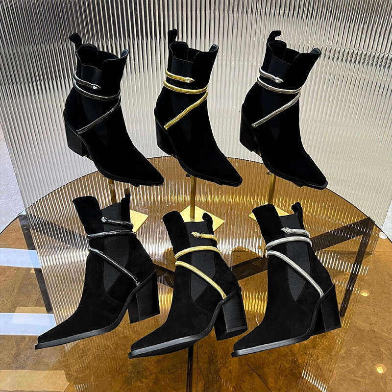 Women Genuine Leather Ankle Boots Top Luxury Martin boots Rhinestone Snake Strap Pointed Toe Chunky Heel Short Booties Designer boot woman Fashion Winter Shoes